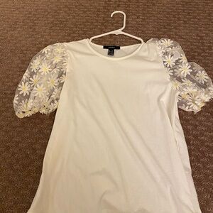 Forever 21 Cream Top with Floral Sheer Sleeves